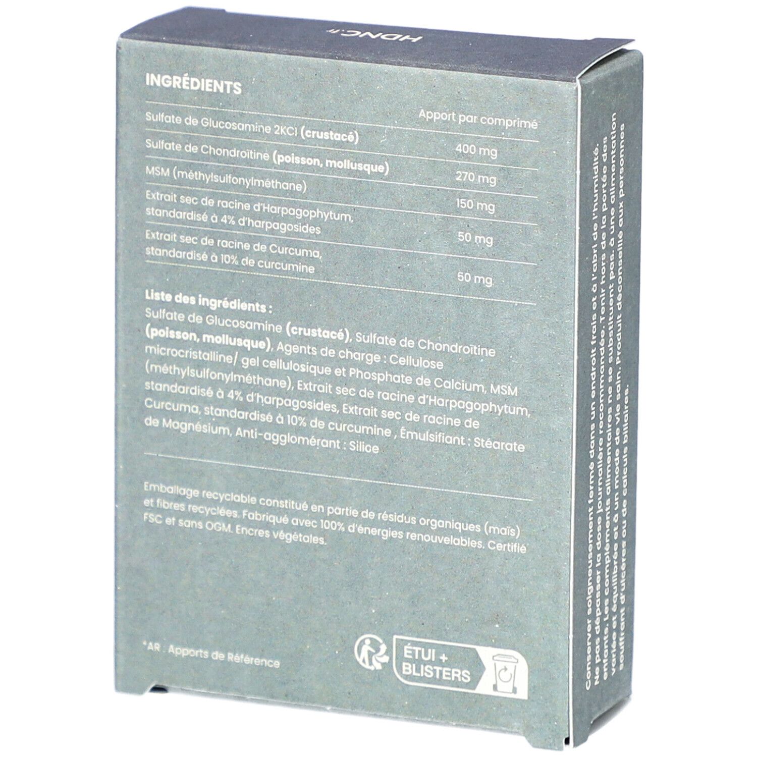 Dos de la boîte avec liste des ingrédients et informations nutritionnelles. Contient glucosamine, chondroïtine, MSM, etc. Emballage recyclable.
