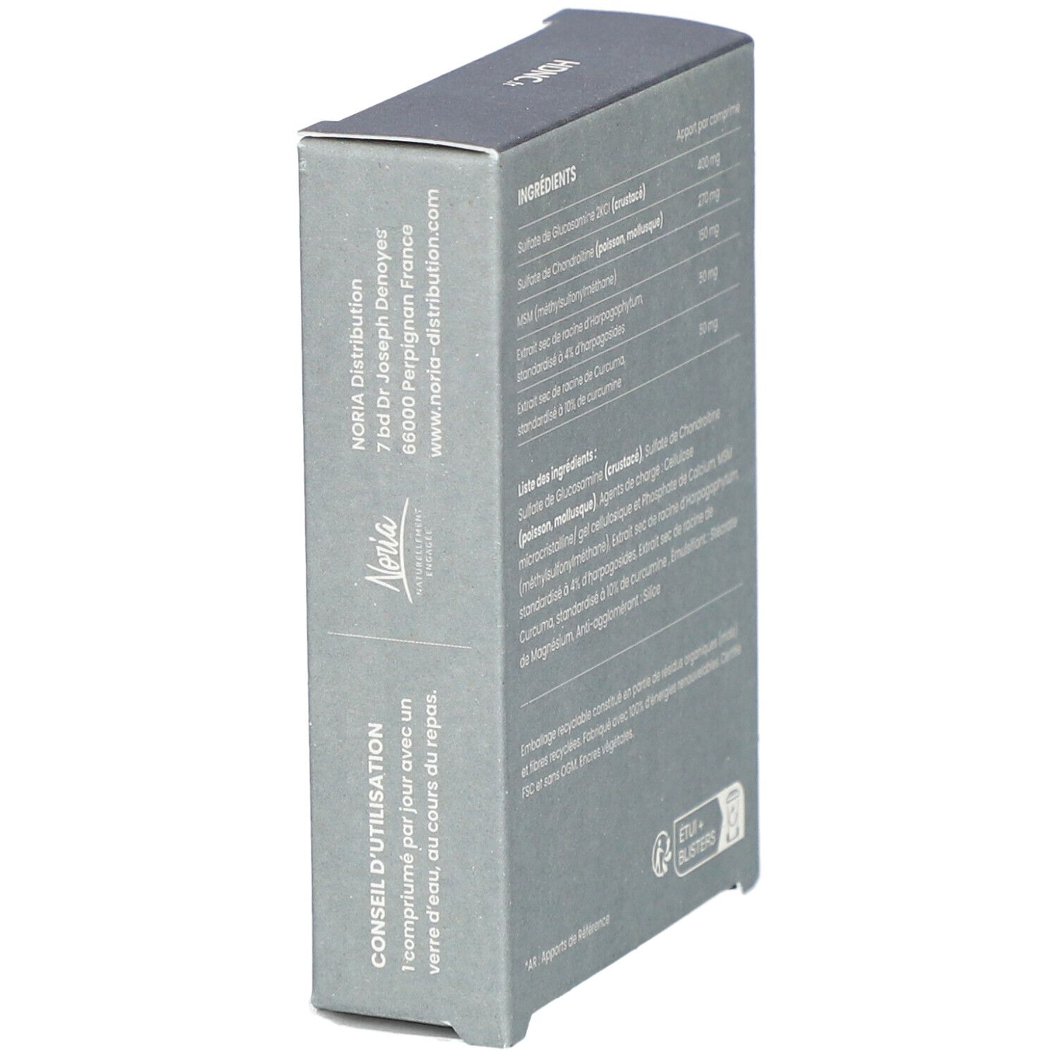 Vue latérale de la boîte avec texte. Contient des informations sur le dosage et la distribution. Logo et adresse HDNC.