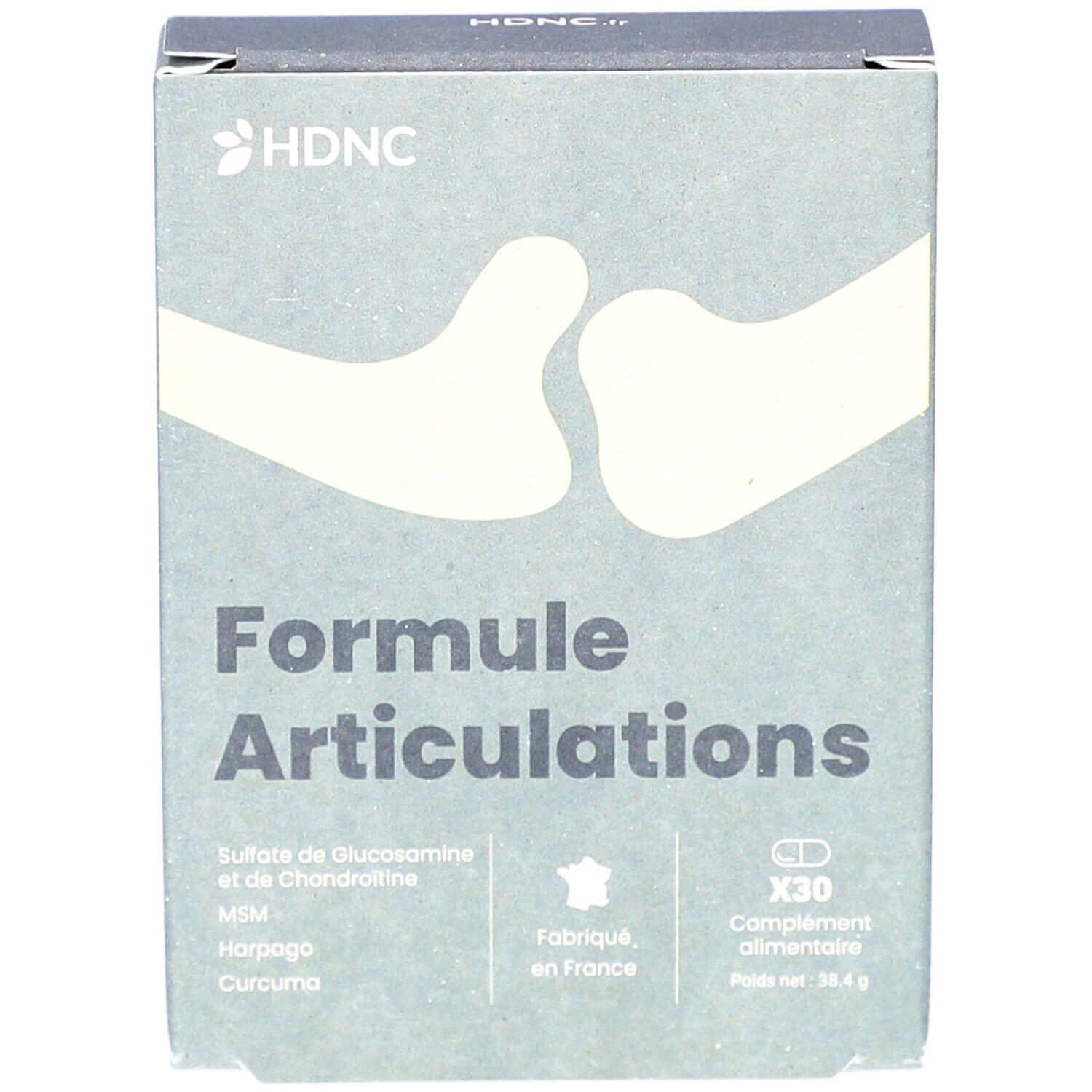 Boîte 'Formule Articulations' HDNC. Contient 30 comprimés. Ingrédients : Glucosamine, Chondroïtine, MSM, Harpagophytum, Curcuma. Fabriqué en France.