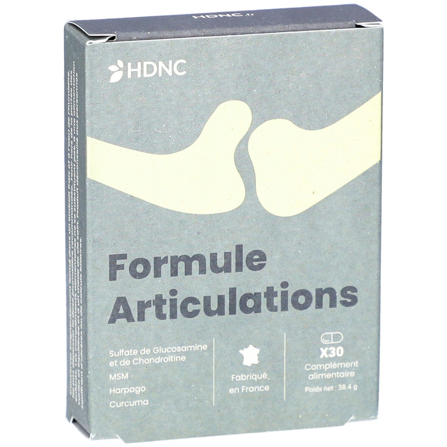 Boîte 'Formule Articulations' HDNC. Contient 30 comprimés. Ingrédients : Glucosamine, Chondroïtine, MSM, Harpagophytum, Curcuma. Fabriqué en France.