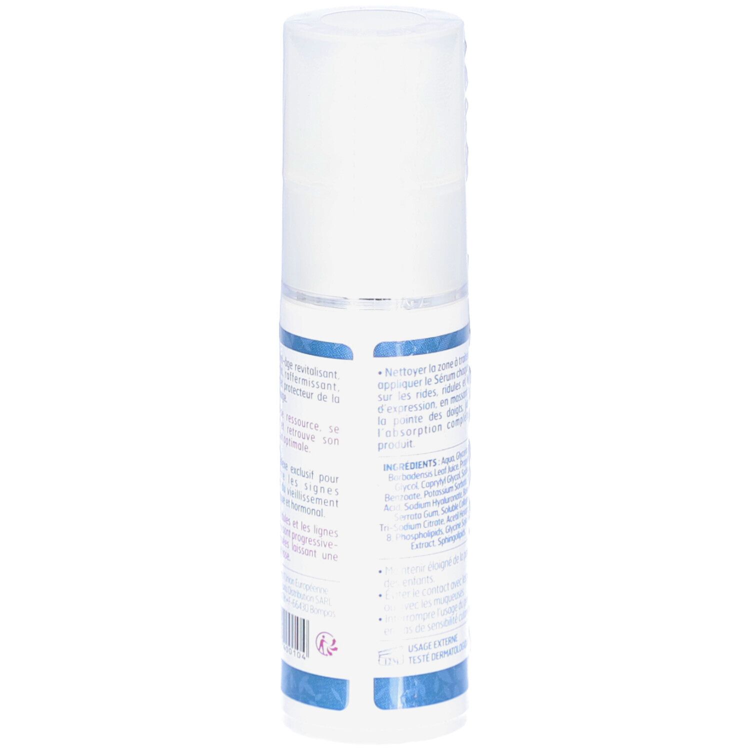 Dos du flacon. Texte avec instructions d'utilisation et ingrédients. Marque: Bioveillance. Avec tête de pompe.