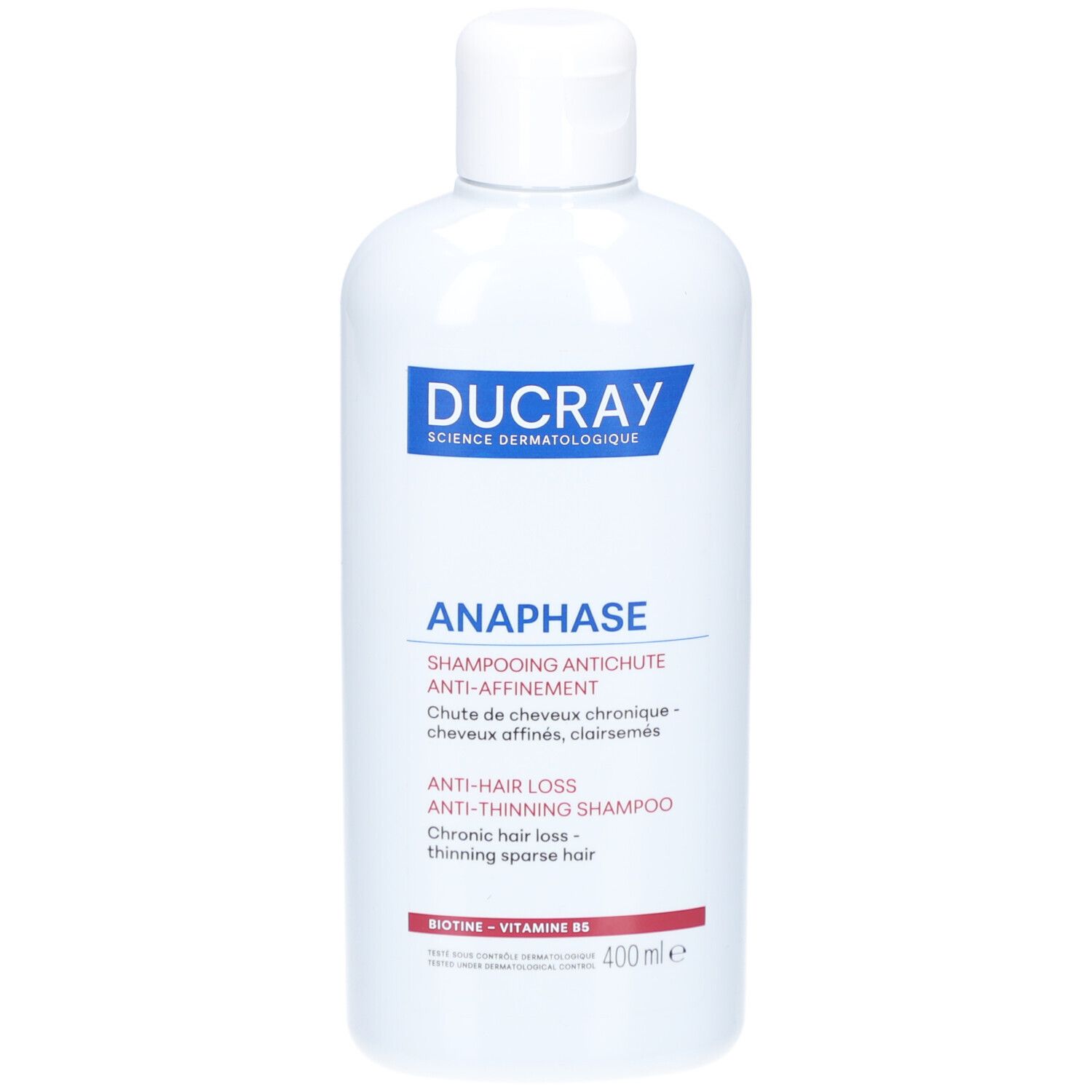 Flacon blanc avec étiquette bleue. Inscription: DUCRAY, ANAPHASE, shampooing antichute. 400 ml.