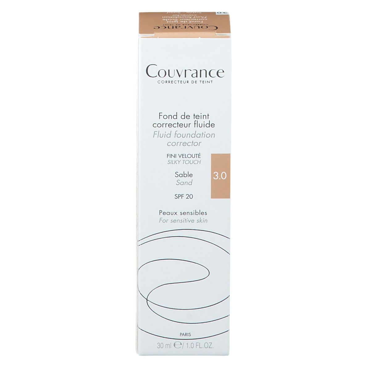 Boîte Couvrance, fond de teint fluide, teinte 3.0. Avec SPF 20. Pour peaux sensibles. Emballage.