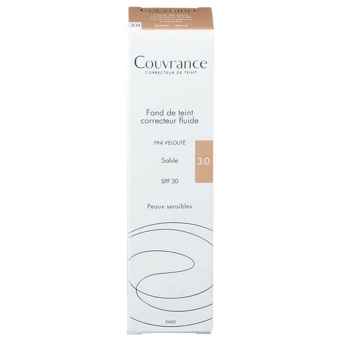 Boîte Couvrance, fond de teint fluide, teinte 3.0. Avec SPF 20. Pour peaux sensibles. Emballage.
