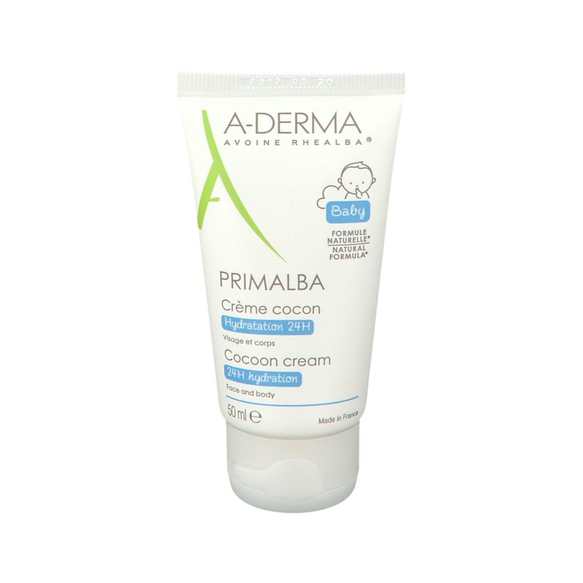 Tube blanc A-DERMA. Crème cocon bébé, 24H hydratation. 50ml. Fabriqué en France.
