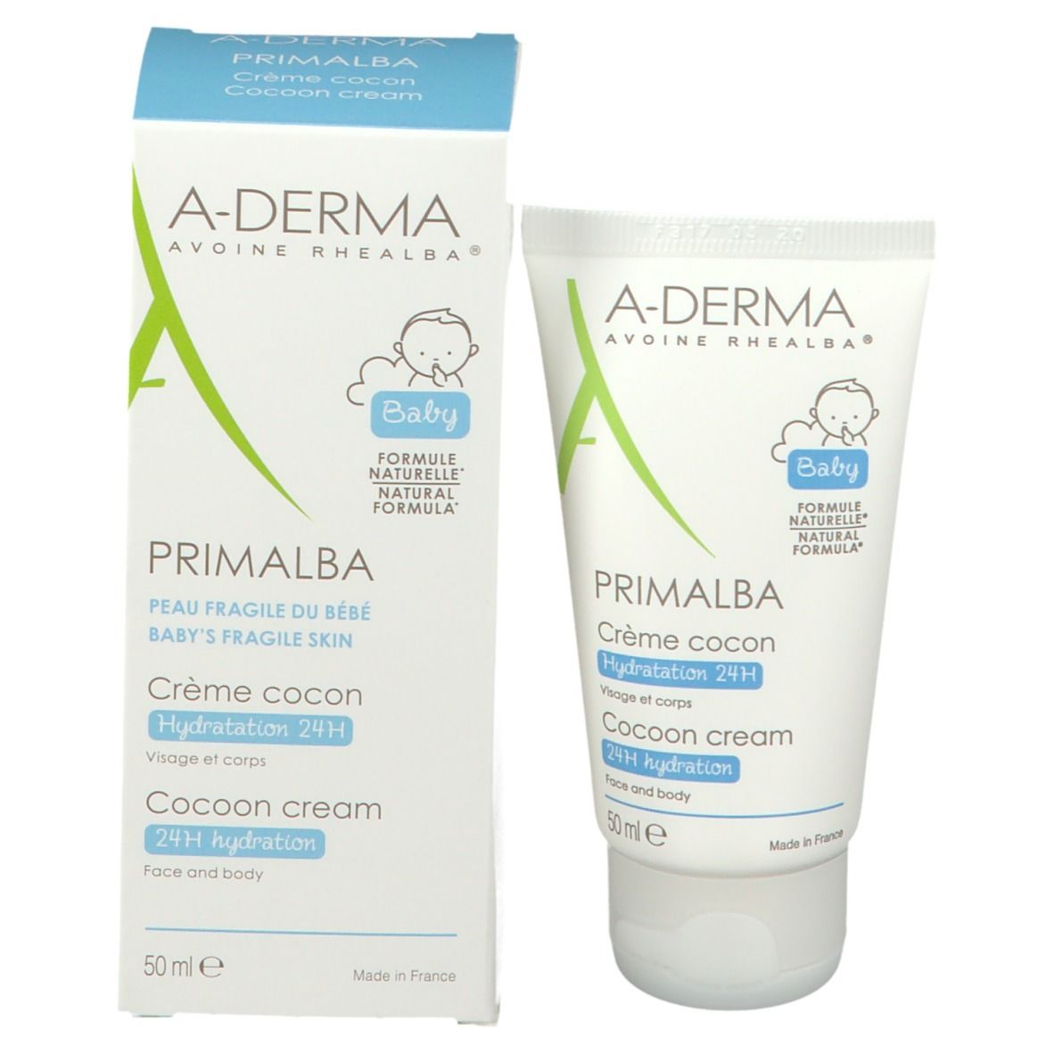 Emballage produit: boîte et tube. A-DERMA Primalba Crème Cocon bébé. 50ml.