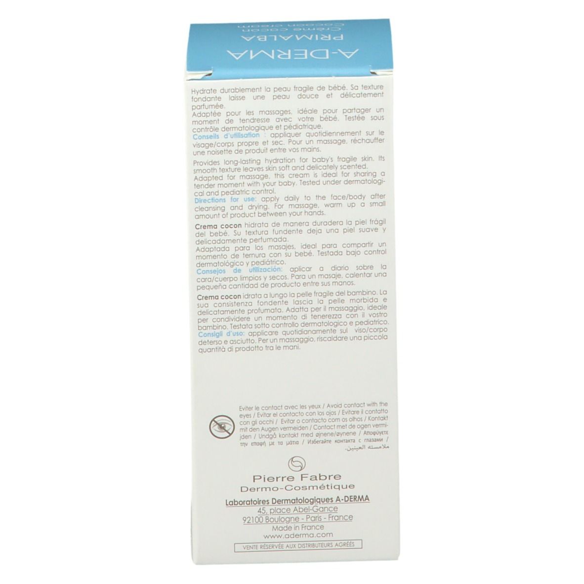 Côté de l'emballage du produit. Texte multilingue. Informations fabricant.