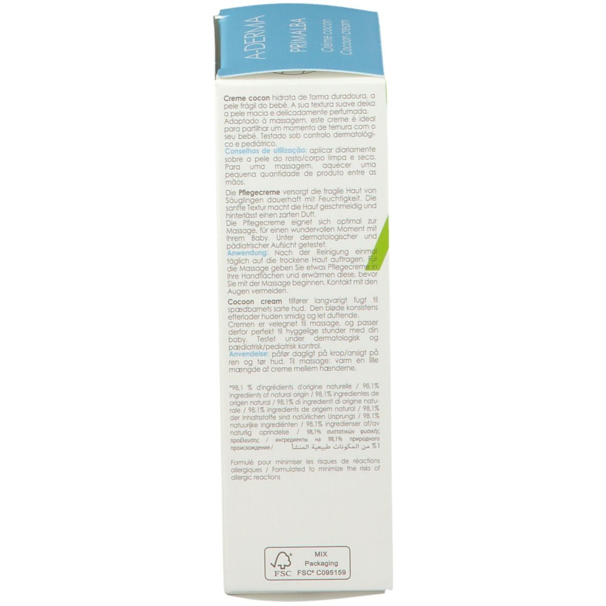 Côté de l'emballage du produit. Texte multilingue. Ingrédients.