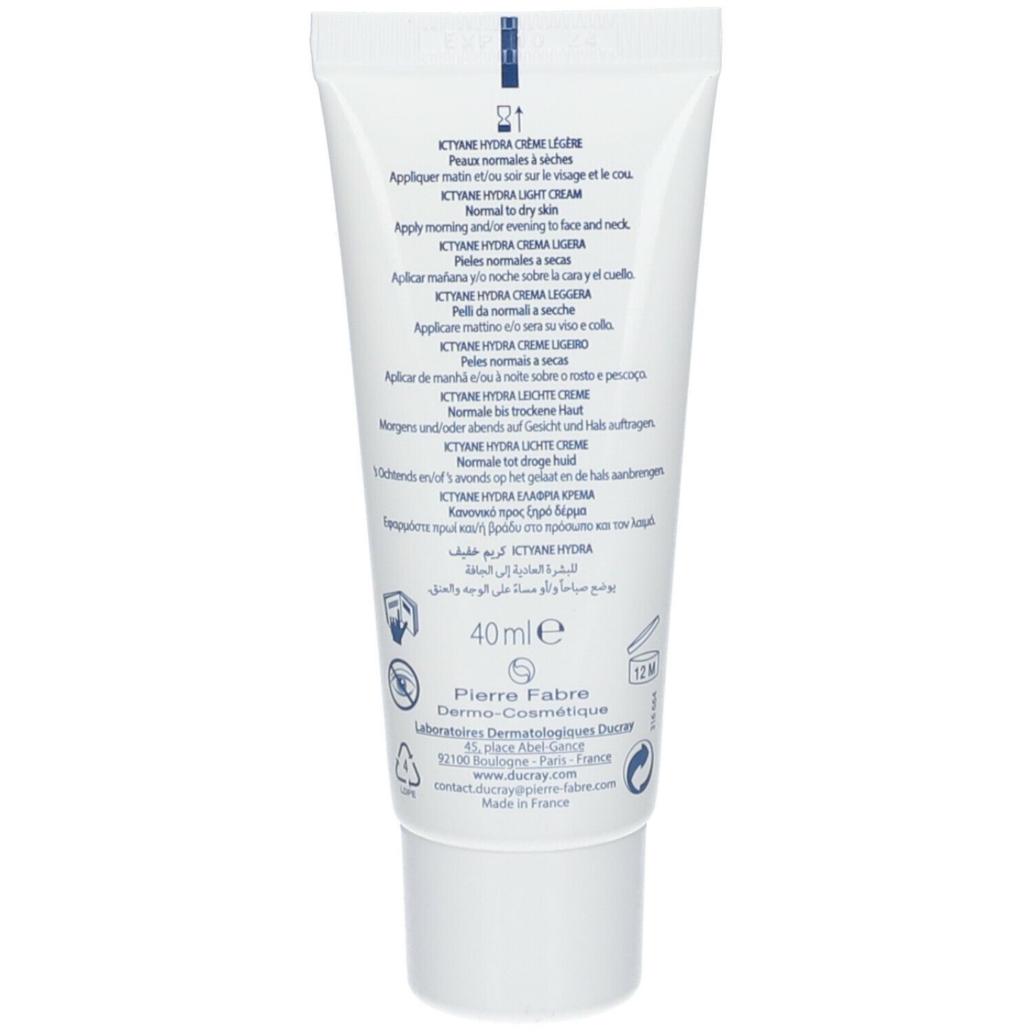 Dos du tube. Texte en plusieurs langues, dont le français, l'allemand, l'italien et le néerlandais. 40ml.