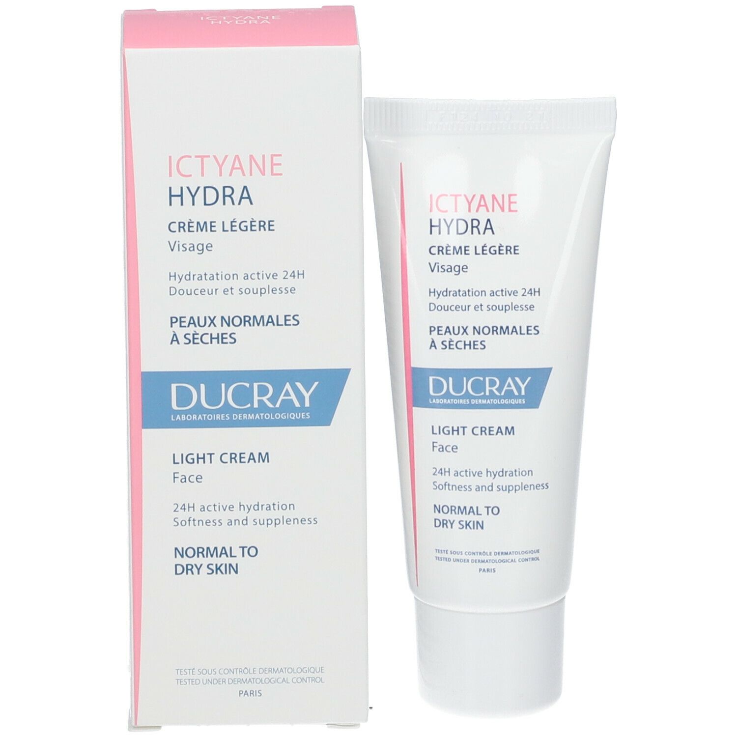 Emballage du produit et tube. Boîte blanche et tube avec nom du produit et de la marque. Texte en français et en anglais.