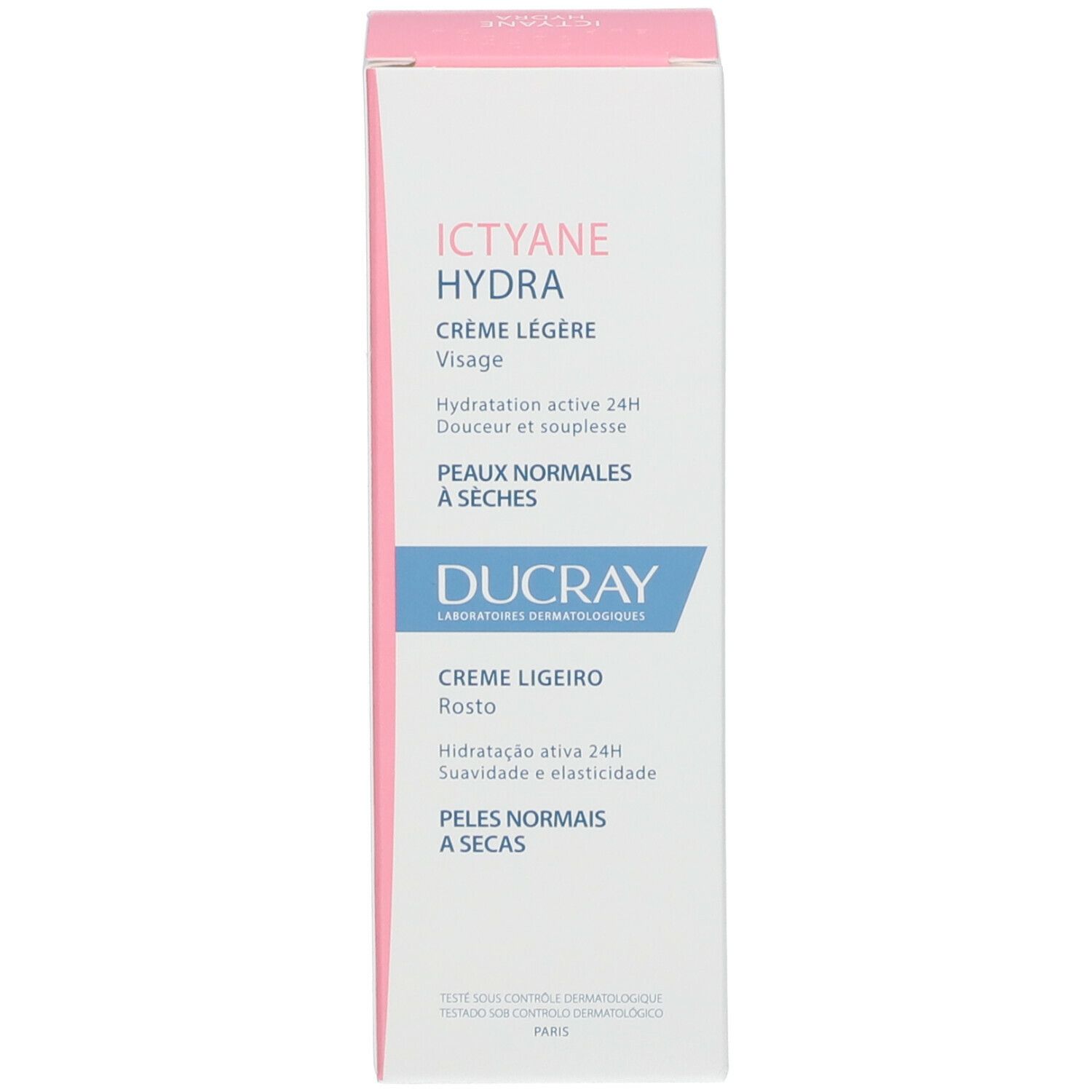 Emballage du produit. Boîte blanche avec nom du produit et de la marque. Texte en portugais.