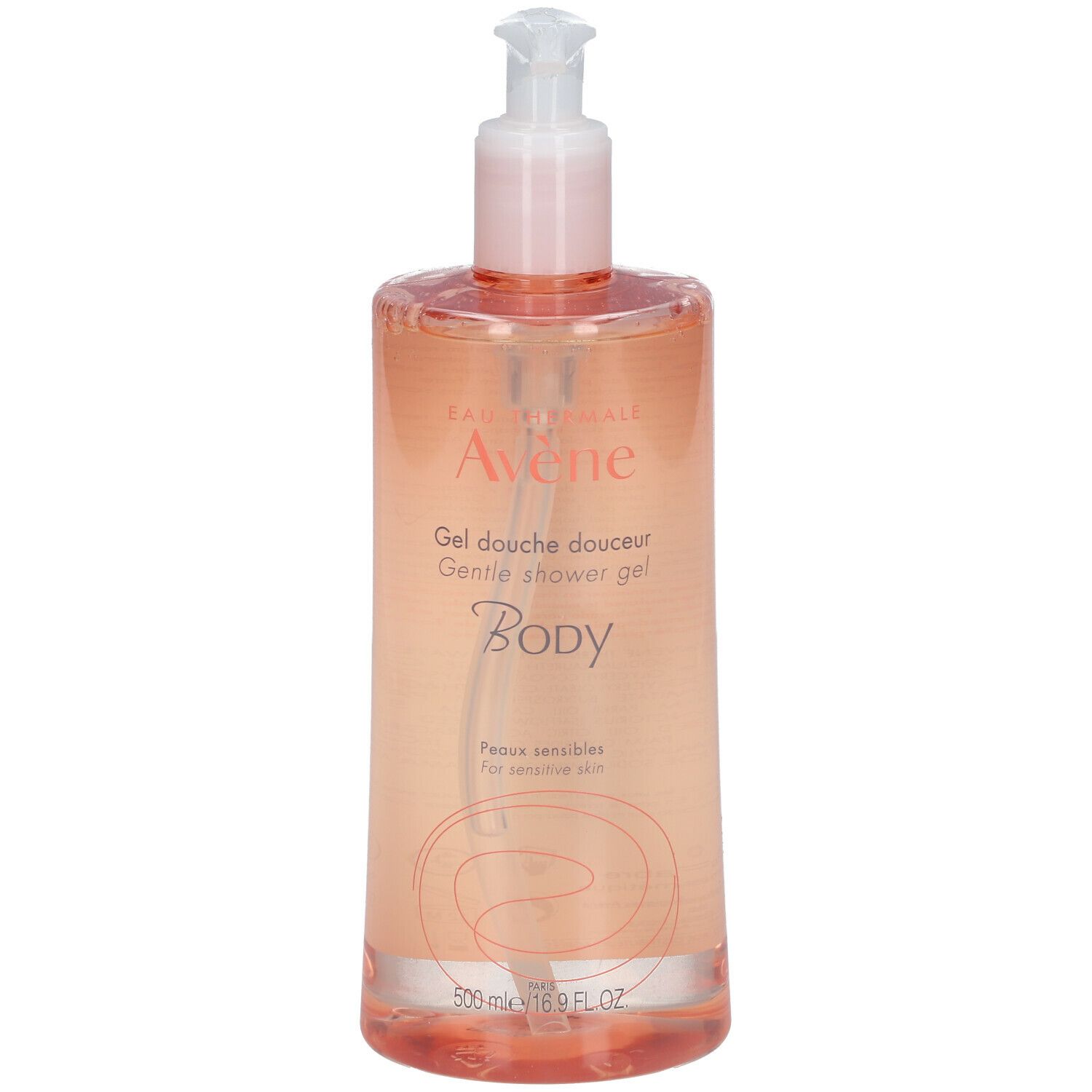 Flacon de gel douche rose avec pompe. Inscription: Eau Thermale Avène, Gel douche douceur, Body. Pour peaux sensibles.