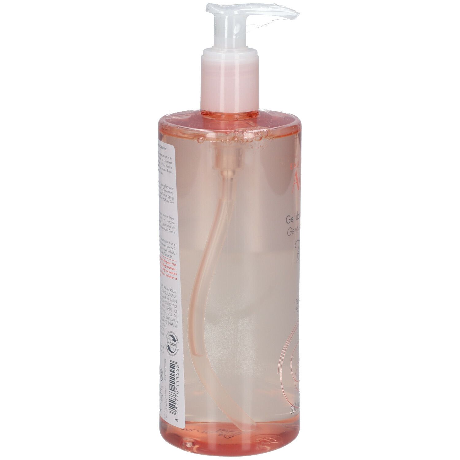 Côté du flacon de gel douche rose. Texte et informations. Liquide transparent visible.