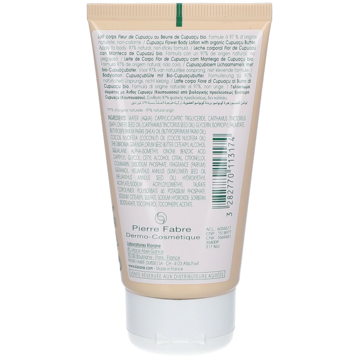 Tube beige avec accents verts. Texte multilingue. Inscription : Pierre Fabre Dermo-Cosmétique.