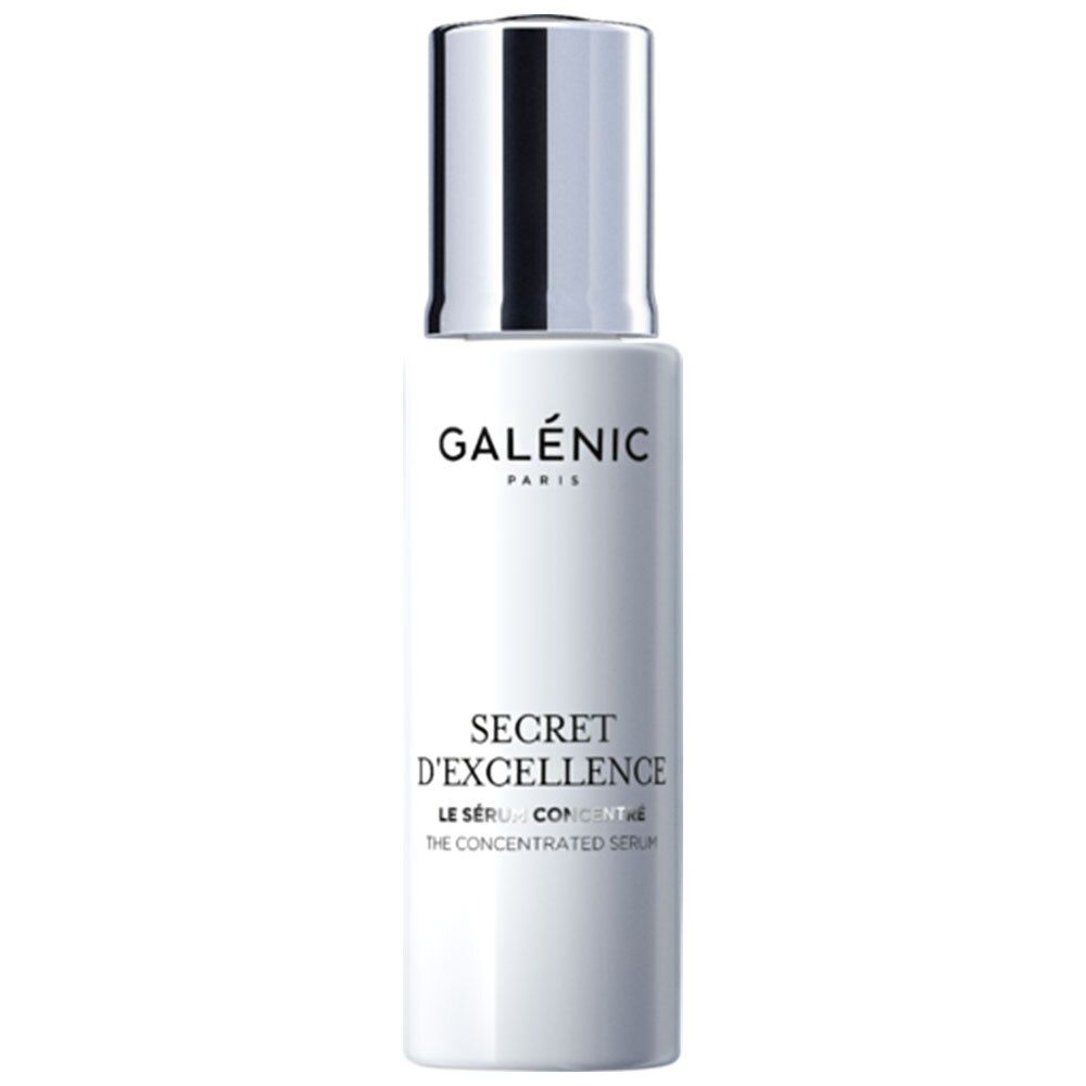 Flacon blanc avec bouchon argenté. Inscriptions: GALÉNIC PARIS, SECRET D'EXCELLENCE, THE CONCENTRATED SERUM.