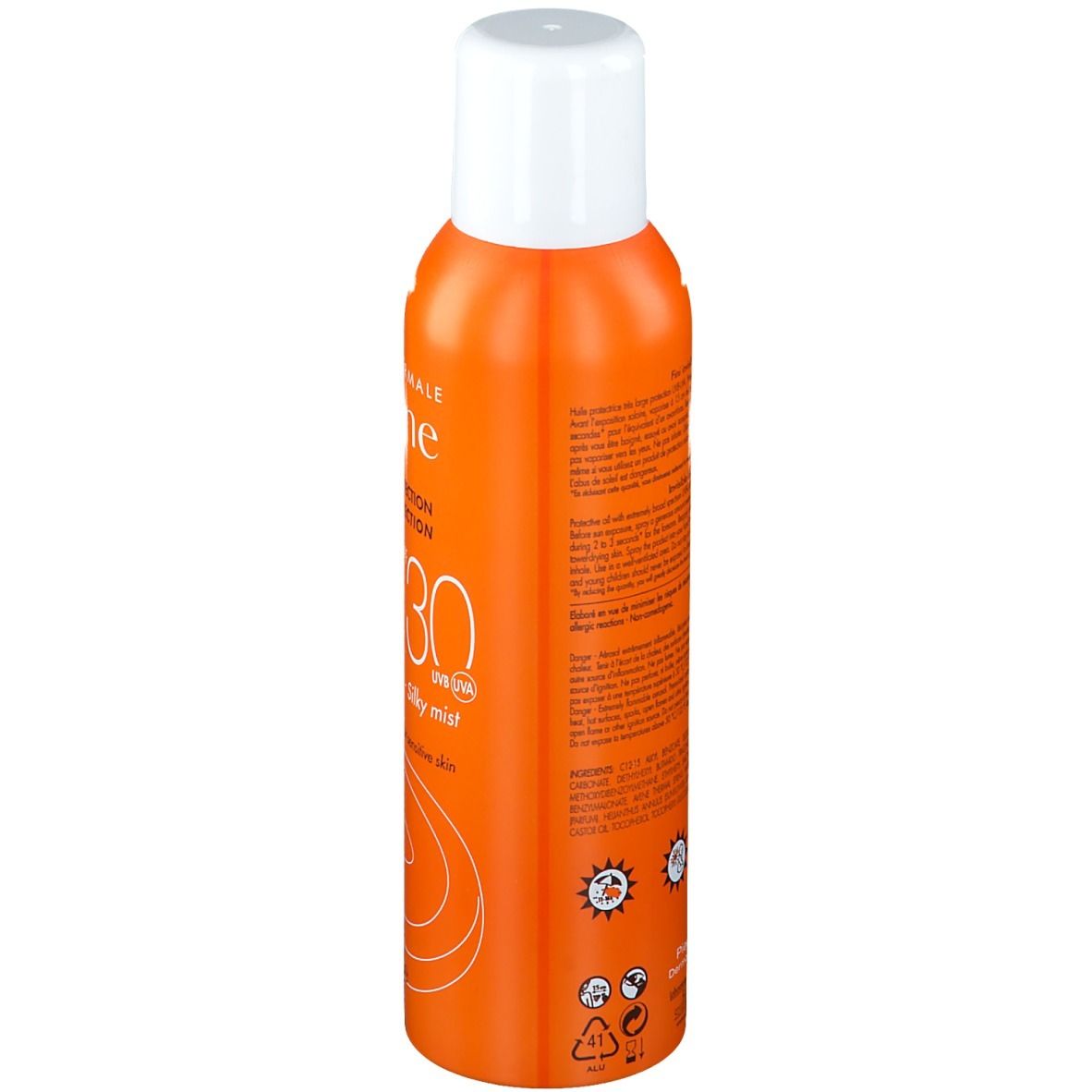 Vue latérale d'un flacon spray orange avec bouchon blanc. Texte et logos. Fabricant: Pierre Fabre.