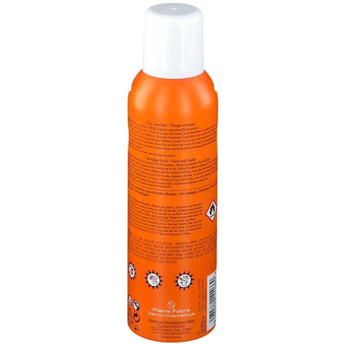 Dos d'un flacon spray orange avec texte et logos. Fabricant: Pierre Fabre. Avertissements.
