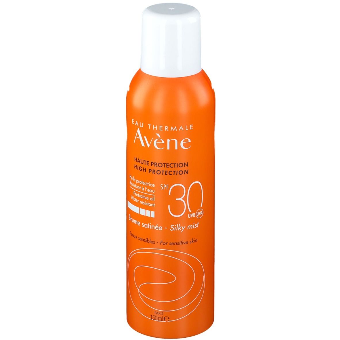 Flacon spray orange avec bouchon blanc. Inscription: Eau Thermale Avène, SPF 30, Brume satinée. Pour peaux sensibles.