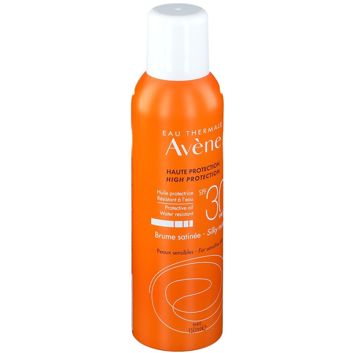 Flacon spray orange avec bouchon blanc. Inscription: Eau Thermale Avène, SPF 30, Brume satinée. Pour peaux sensibles.