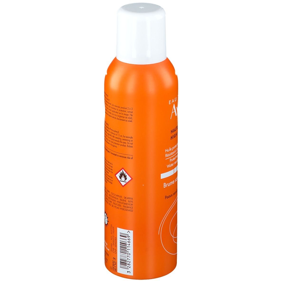Vue latérale d'un flacon spray orange avec bouchon blanc. Texte et logos. Fabricant: Pierre Fabre.