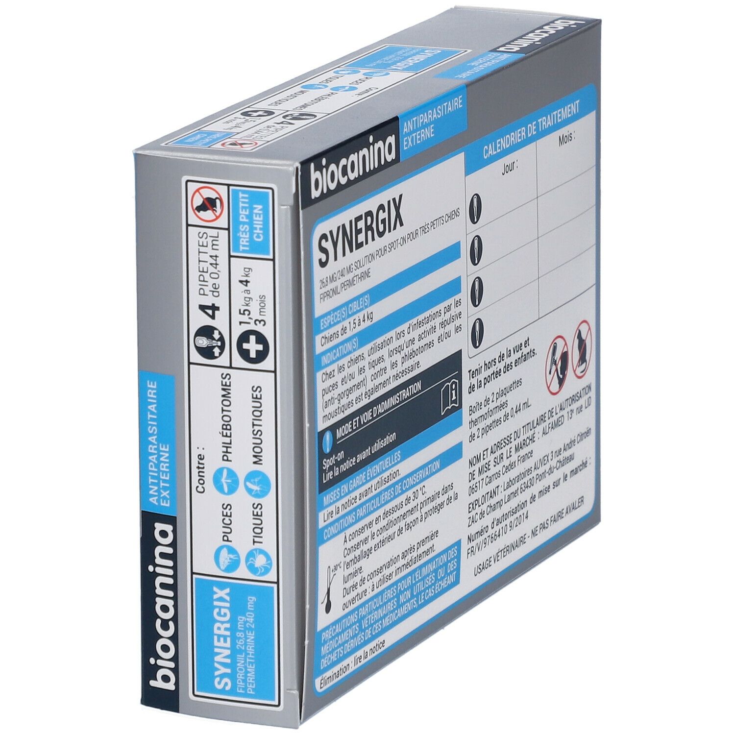 Emballage biocanina Synergix. Contient 4 pipettes pour très petits chiens. Informations d'utilisation et calendrier de traitement.
