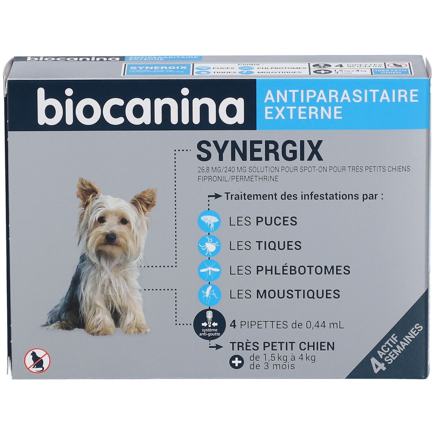 Boîte biocanina Synergix pour très petit chien. Image d'un chien. Traite les puces, tiques, phlébotomes et moustiques. 4 pipettes.