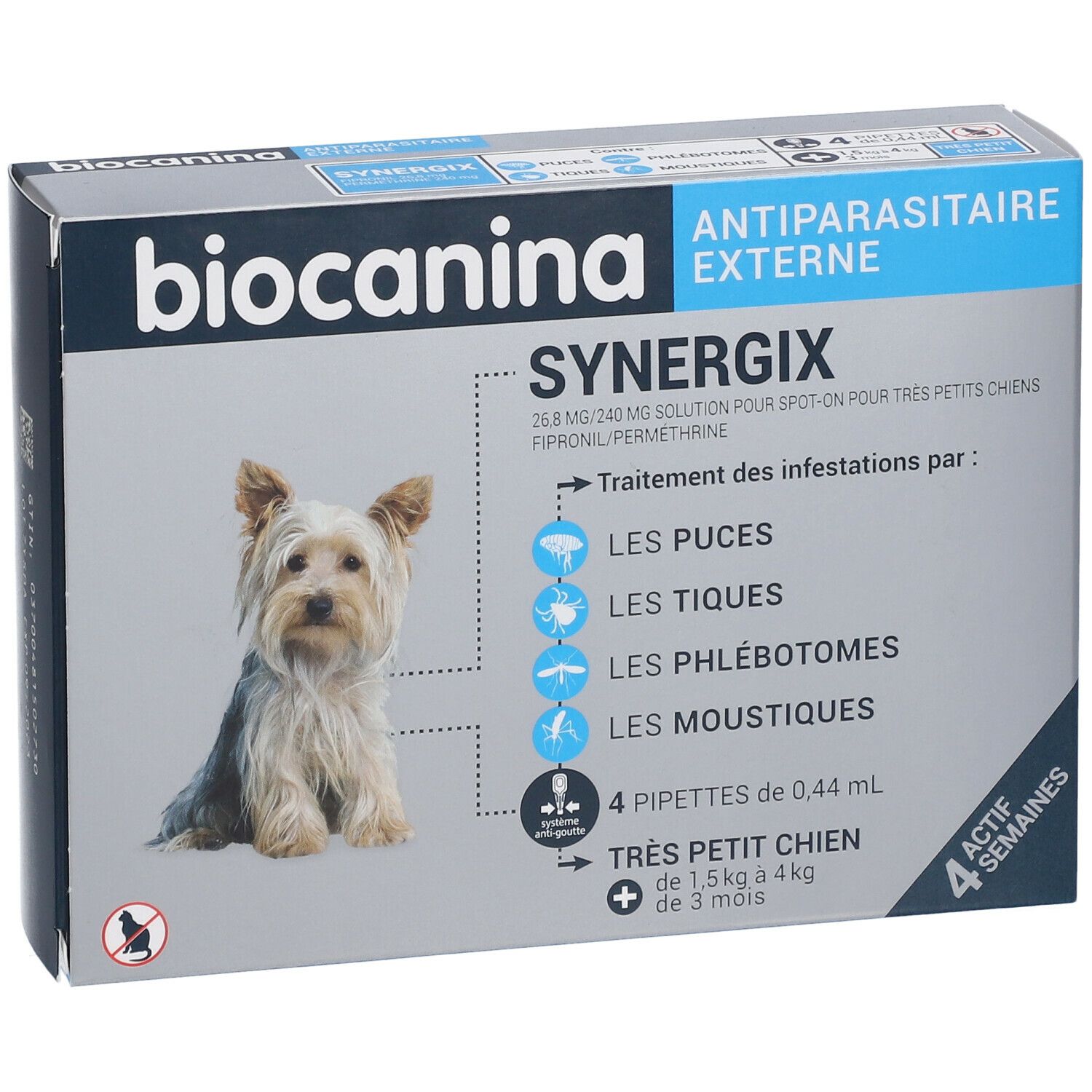 Boîte biocanina Synergix pour très petit chien. Image d'un chien. Traite les puces, tiques, phlébotomes et moustiques. 4 pipettes.
