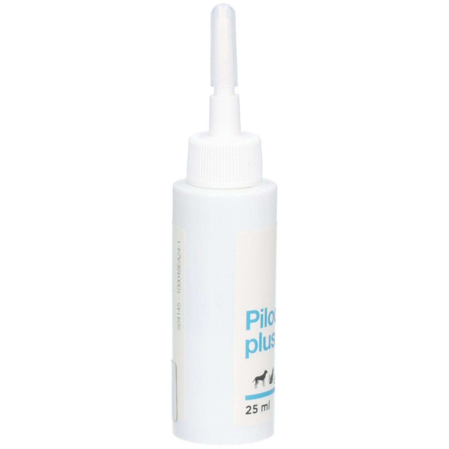 Vue latérale d'un flacon blanc avec applicateur, 25 ml. Texte : Piloderm plus.