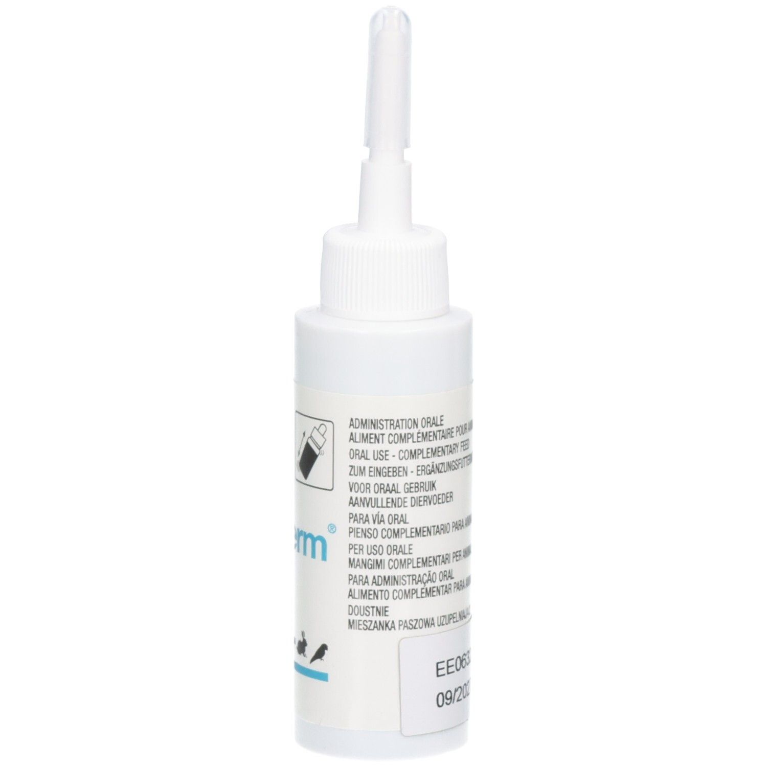 Vue latérale d'un flacon blanc avec applicateur. Texte multilingue sur l'utilisation.
