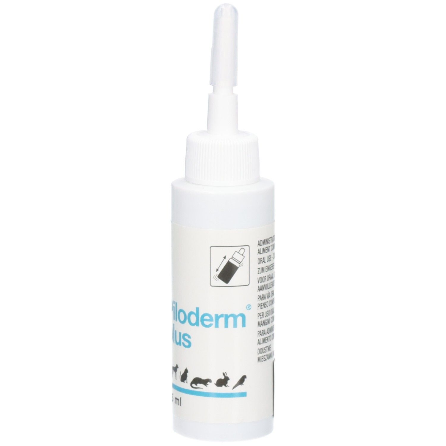 Avant d'un flacon blanc avec applicateur. Texte : Piloderm plus, 25 ml, silhouettes d'animaux.