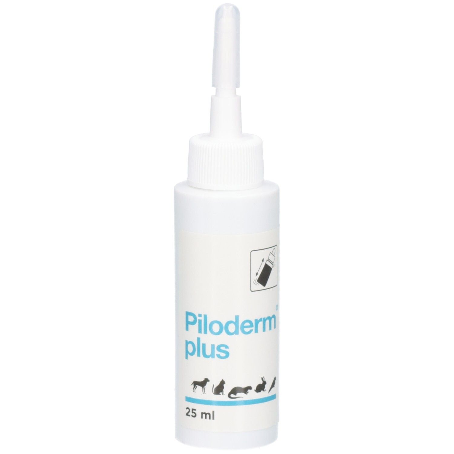 Flacon blanc avec applicateur, 25 ml. Texte : Piloderm plus, silhouettes d'animaux.