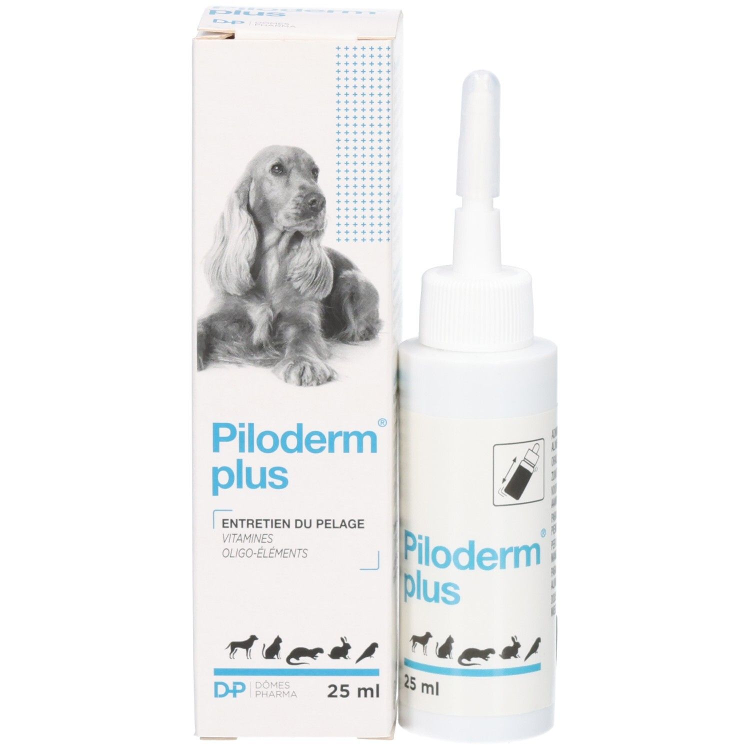 Produit et emballage : flacon avec applicateur et boîte. Chien représenté sur la boîte.
