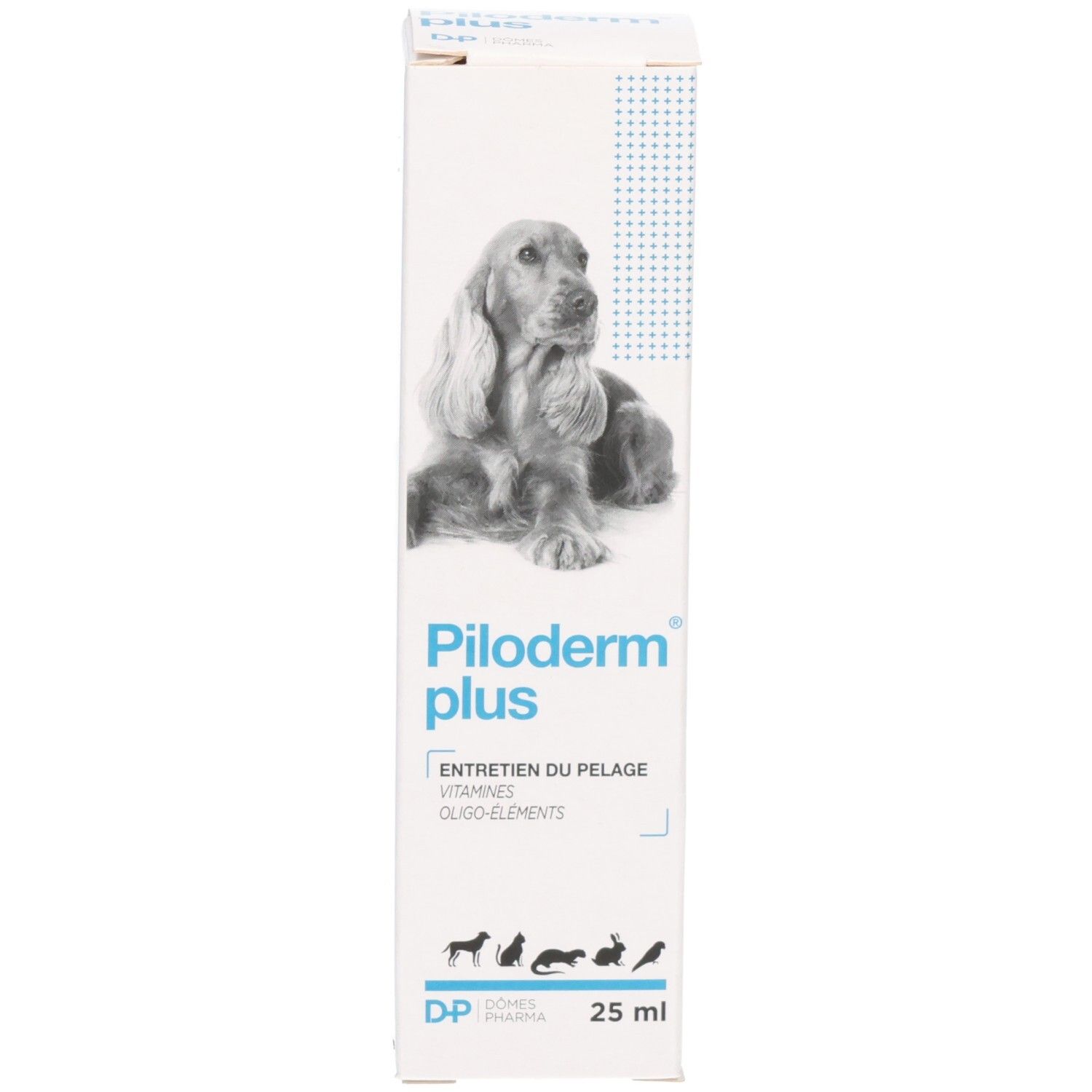 Emballage : boîte avec image de chien, texte Piloderm plus, 25 ml. Le flacon à côté.
