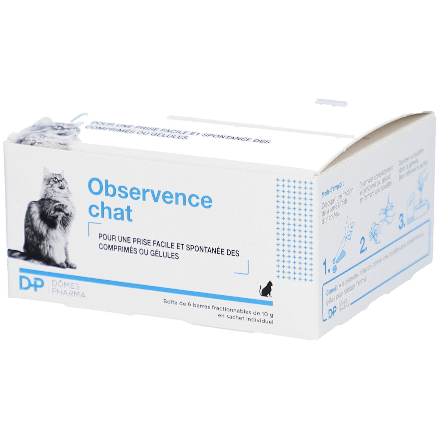 Boîte en carton blanche avec nom du produit et image de chat. Texte en français. Marque : Dômes Pharma.