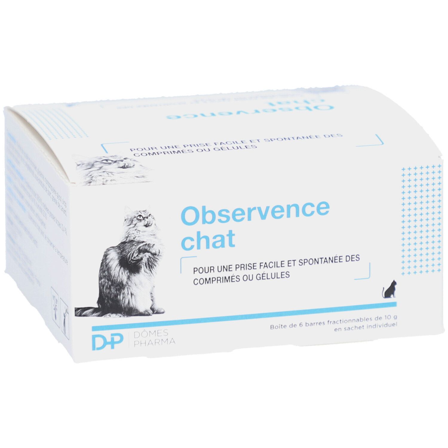 Boîte en carton blanche avec nom du produit et image de chat. Texte en français. Marque : Dômes Pharma.