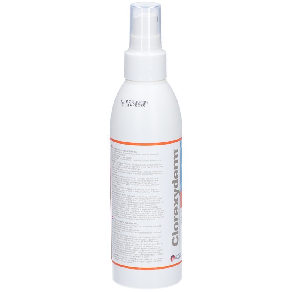 Flacon spray blanc avec nom du produit. Dos avec texte et numéro de lot. Bande orange.