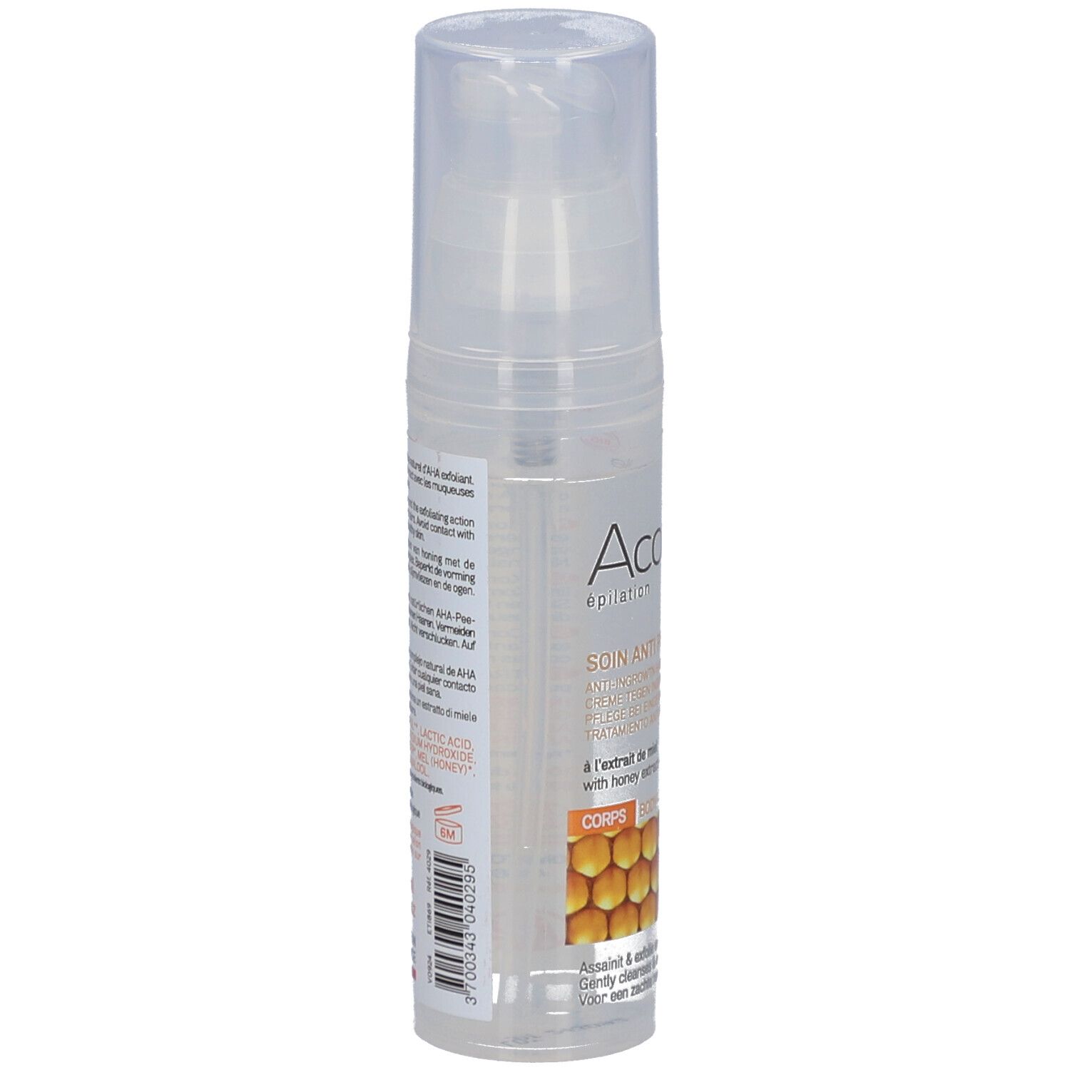 Acorelle Soin anti poils incarnés, verso du flacon 50ml avec pompe.