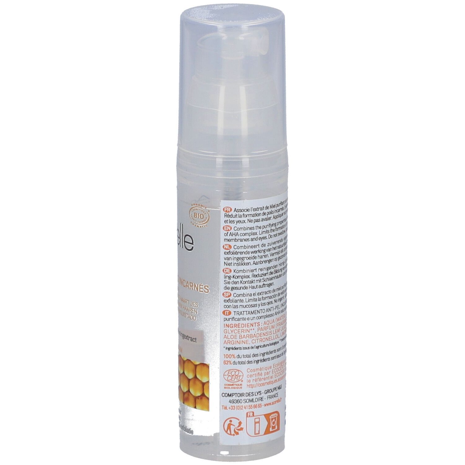 Acorelle Soin anti poils incarnés, verso du flacon 50ml avec ingrédients.