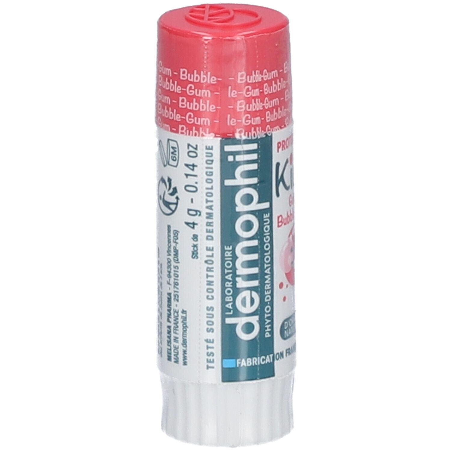 Stick de soin pour les lèvres goût Bubble-Gum. Bouchon rouge. Marque: dermophil Kids.