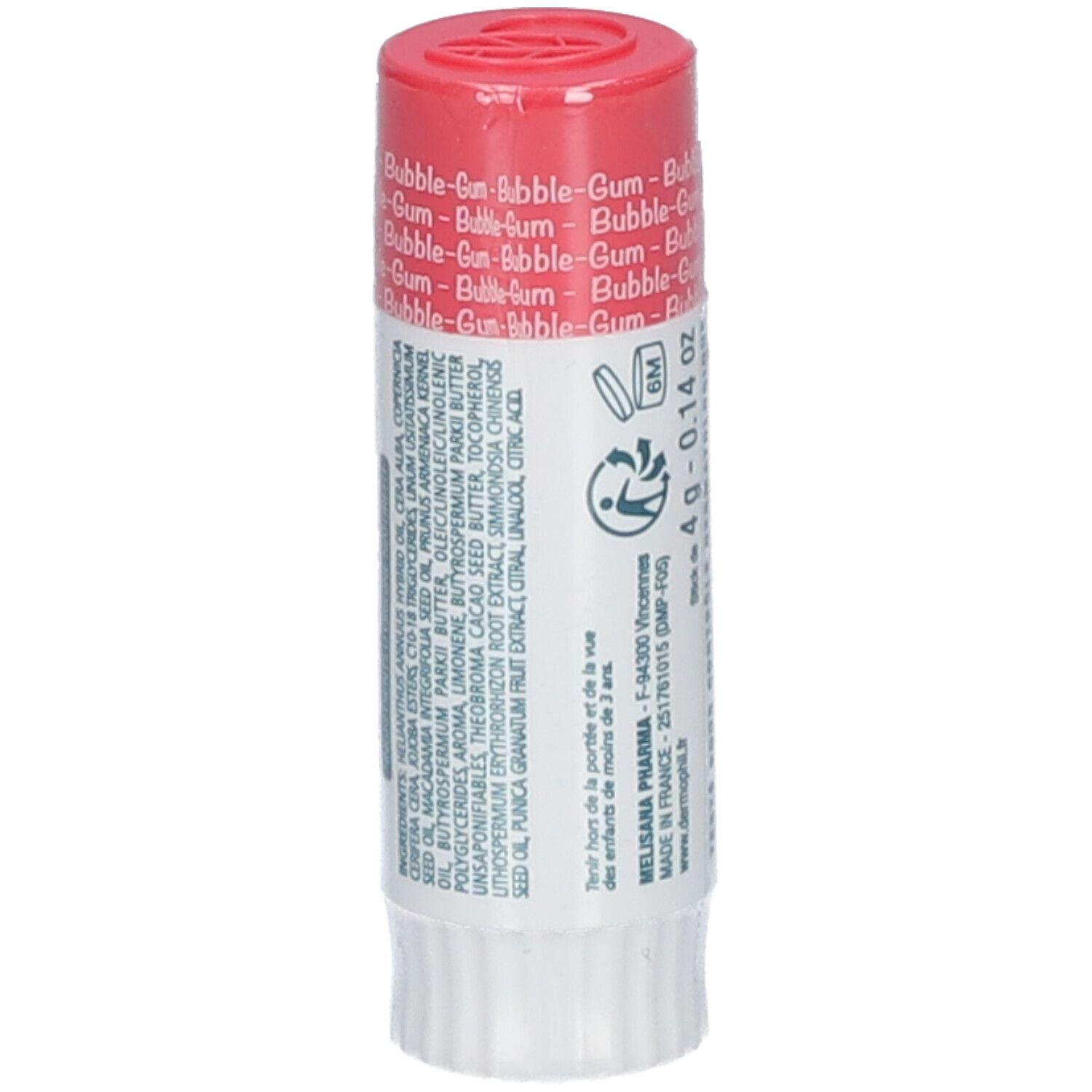 Stick de soin pour les lèvres goût Bubble-Gum. Bouchon rouge. Marque: dermophil Kids.