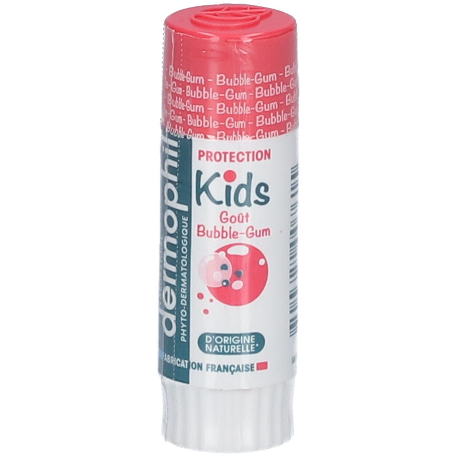 Stick de soin pour les lèvres goût Bubble-Gum. Bouchon rouge. Marque: dermophil Kids.