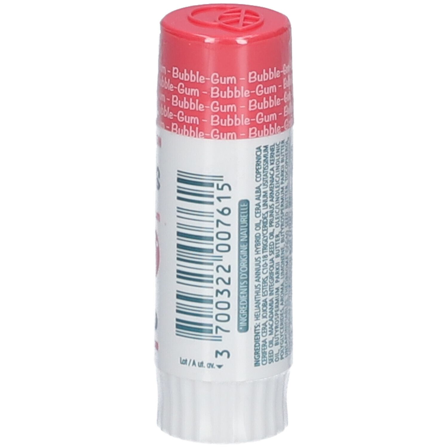 Stick de soin pour les lèvres goût Bubble-Gum. Bouchon rouge. Marque: dermophil Kids.