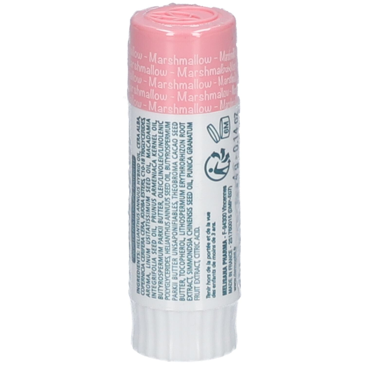 Stick de soin pour les lèvres rose. Inscription: dermophil Kids, goût guimauve. Emballé dans du film plastique.