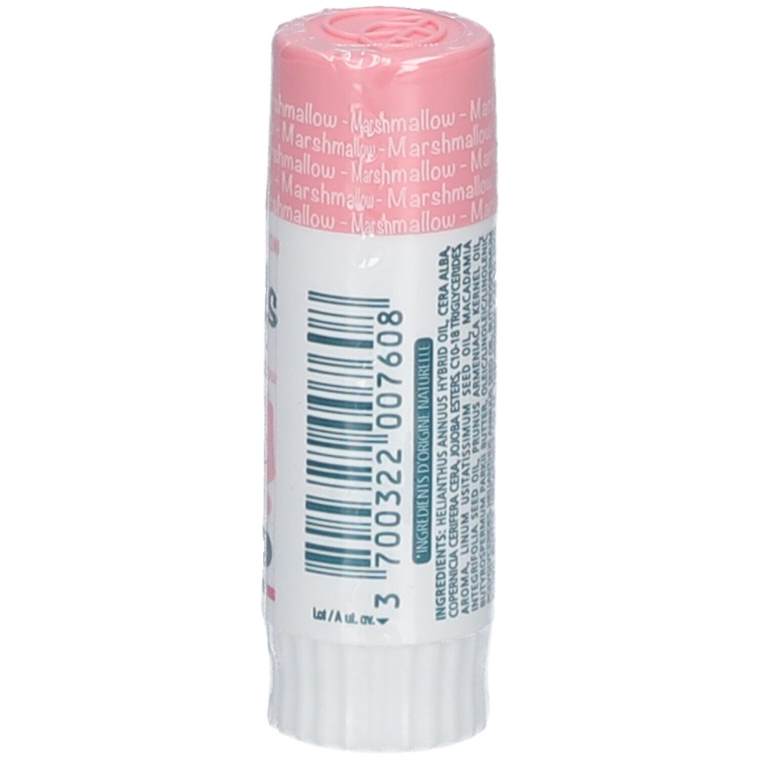 Stick de soin pour les lèvres rose. Inscription: dermophil Kids, goût guimauve. Emballé dans du film plastique.