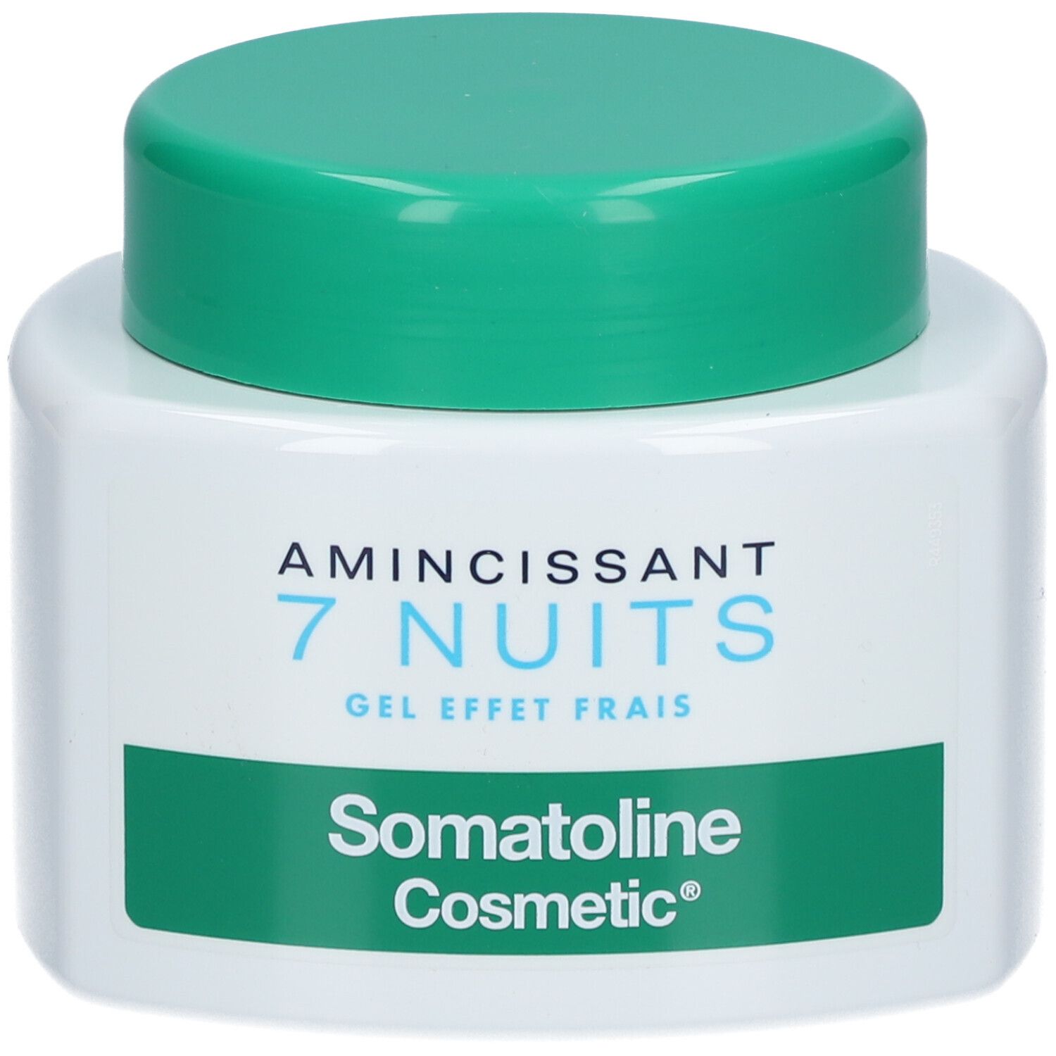 Pot blanc avec couvercle vert. Inscription: Somatoline Cosmetic, 7 Nuits, amincissant, gel frais.