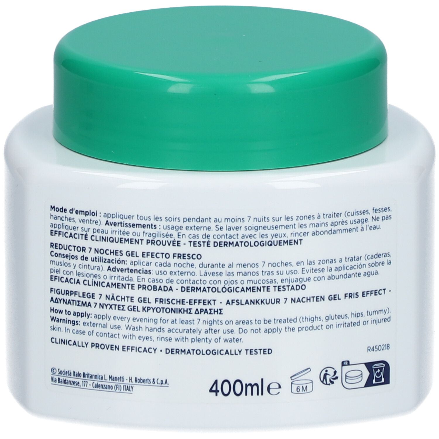 Pot blanc avec couvercle vert. Dos avec texte. Inscription: Somatoline Cosmetic, 7 Nuits.