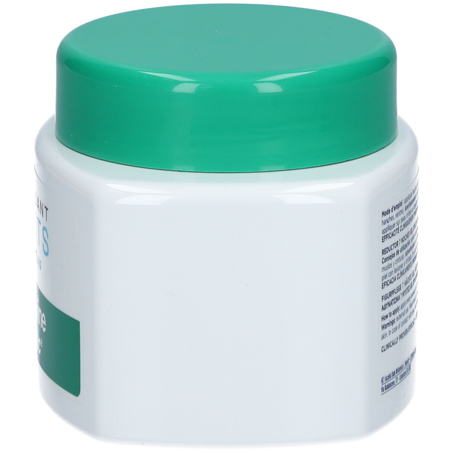 Pot blanc avec couvercle vert. Inscription: Somatoline Cosmetic, 7 Nuits, amincissant, gel frais.