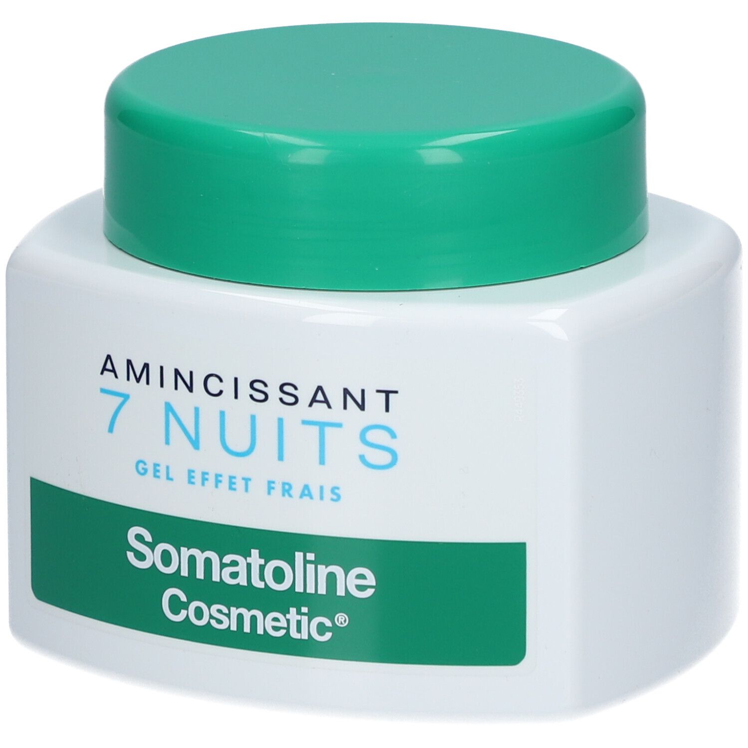 Pot blanc avec couvercle vert. Inscription: Somatoline Cosmetic, 7 Nuits, amincissant, gel frais.