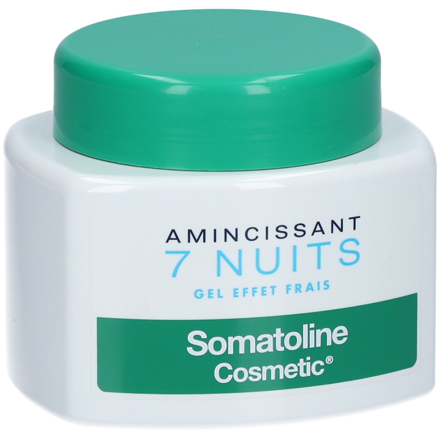 Pot blanc avec couvercle vert. Inscription: Somatoline Cosmetic, 7 Nuits, amincissant, gel frais.