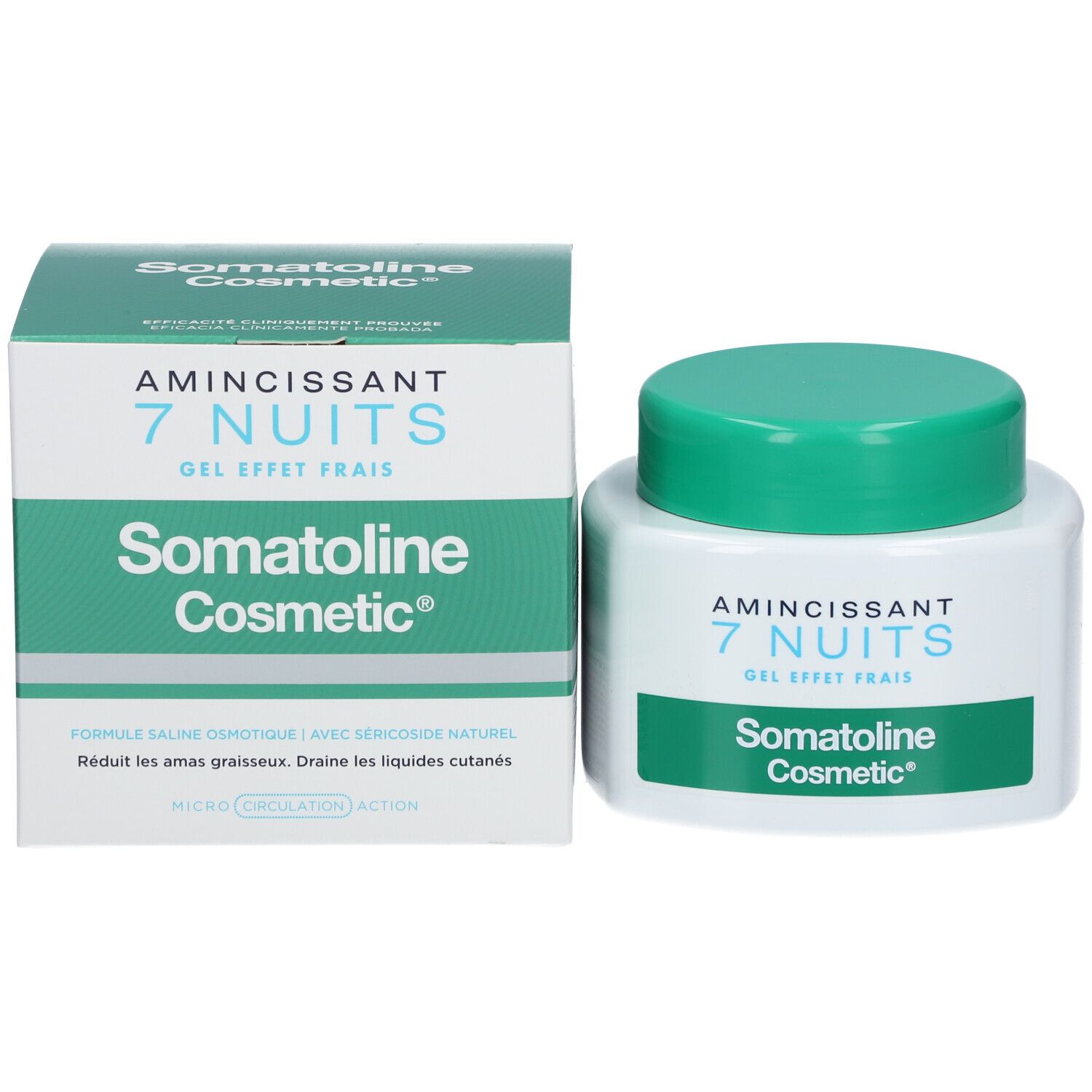 Emballage et pot du produit. Inscription: Somatoline Cosmetic, 7 Nuits, amincissant, gel frais.